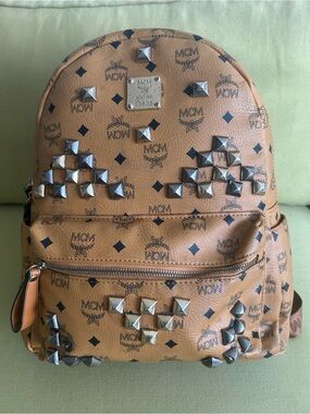 MCM Cognac Visetos Pyramid Studded Backpack